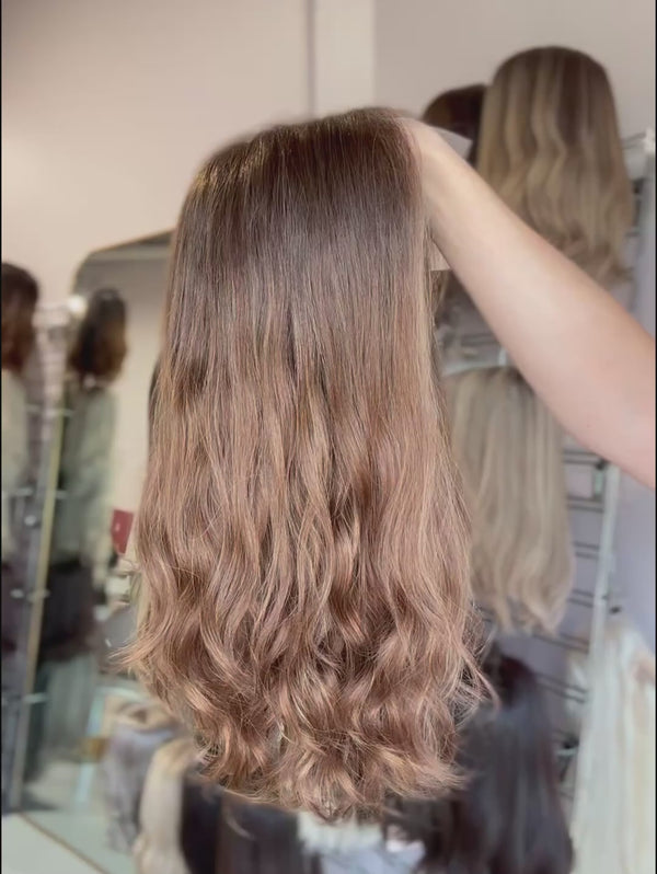 Cinnamon 18″   Brunette Wavy Human Hair Wig (Holding Video)